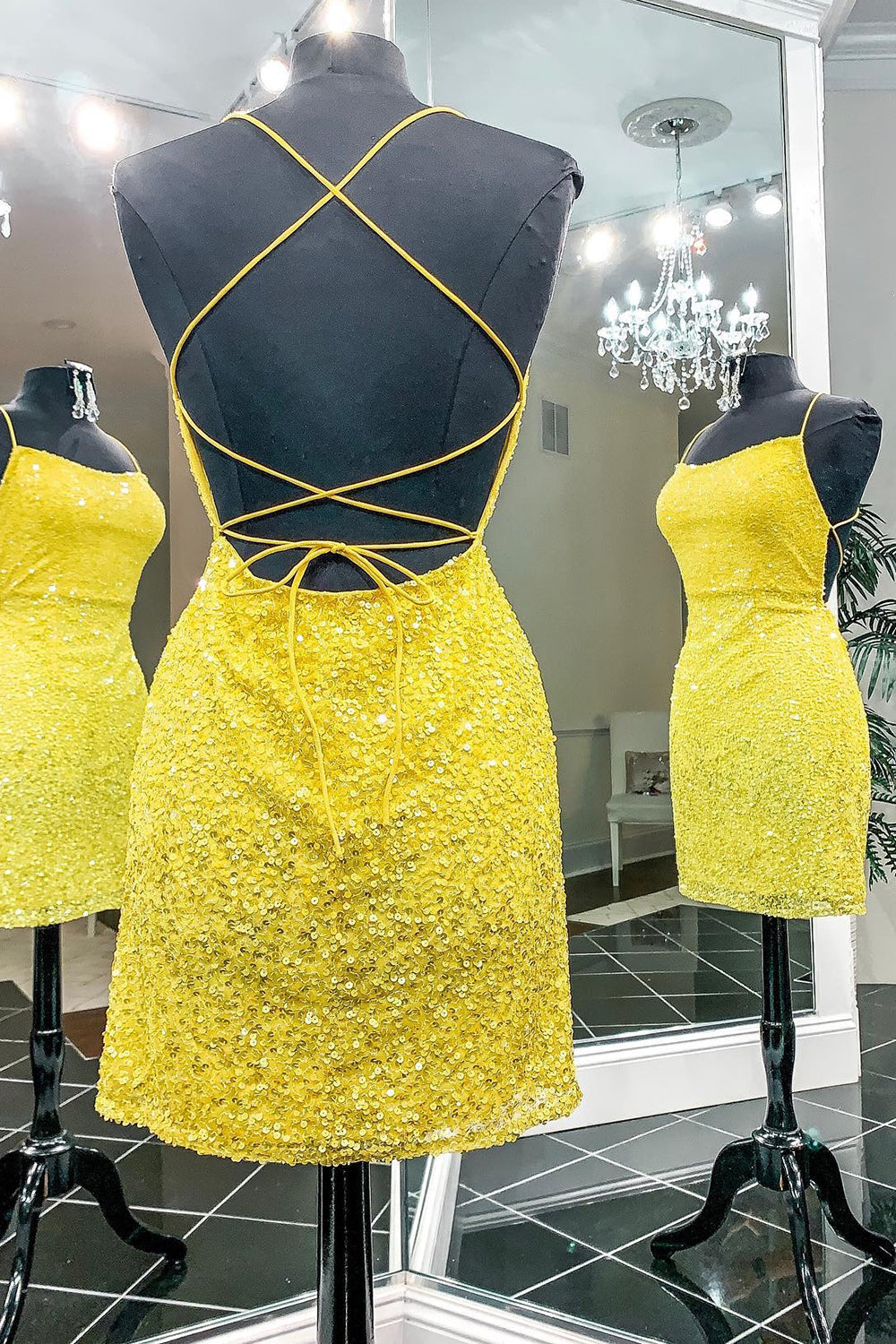 Yellow Homecoming Dress Sequin Backless Short Cocktail Dresses