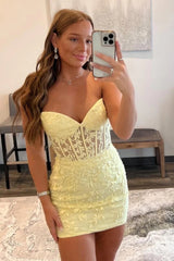 Yellow Homecoming Dress Tight Short Prom Dress with Appliques