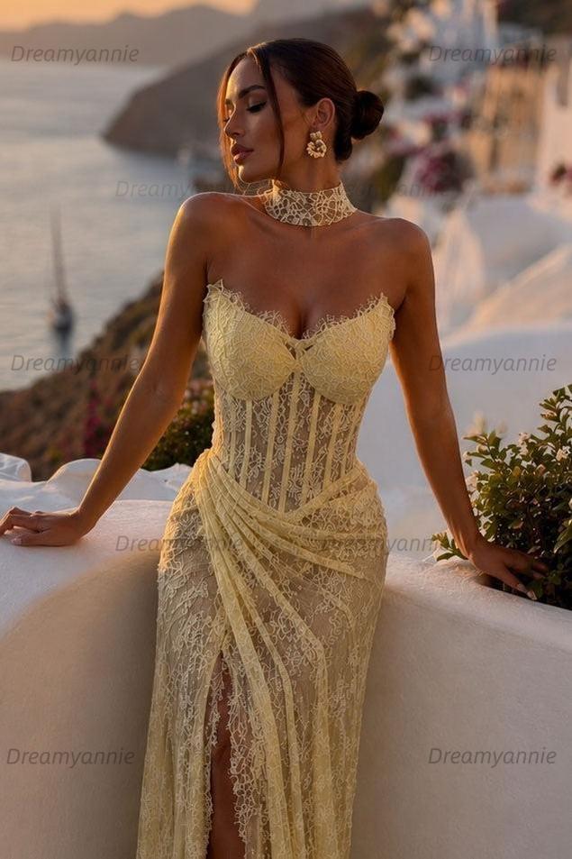 Yellow Lace Corset Mermaid Prom Dress Sweetheart Formal Gown with Side Slit