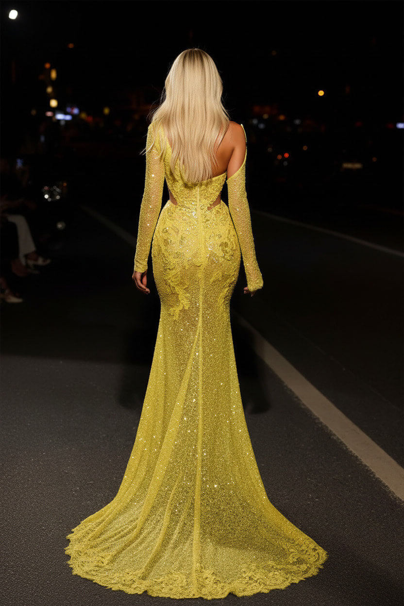Yellow Mermaid Prom Dress Long Sleeve Asymmetric Formal Dress With Lace Appliques