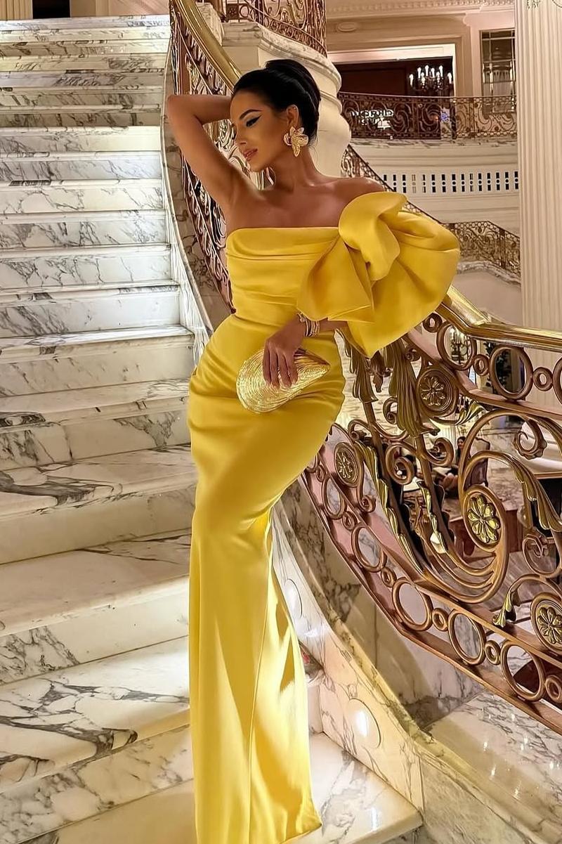 Yellow Mermaid Prom Dress Short Sleeve One Shoulder Satin Formal Dress