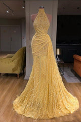 Yellow Mermaid Prom Dress Sleeveless Halter Neck Sequined Formal Dress