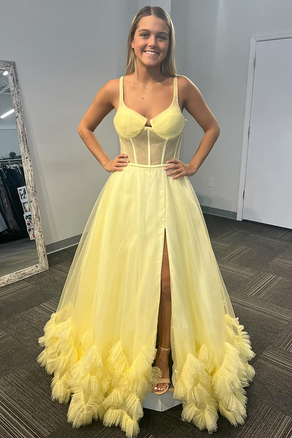 Yellow Prom Dress A-Line Spaghetti Straps Long Formal Dress With Slit
