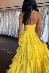 Yellow Prom Dress A-Line Sweetheart Tiered Long Formal Dress