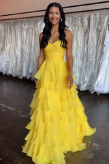 Yellow Prom Dress A-Line Sweetheart Tiered Long Formal Dress
