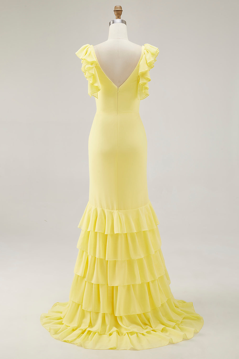 Yellow Prom Dress Chiffon V-Neck Long Mermaid Ruffles Formal Dress With Slit