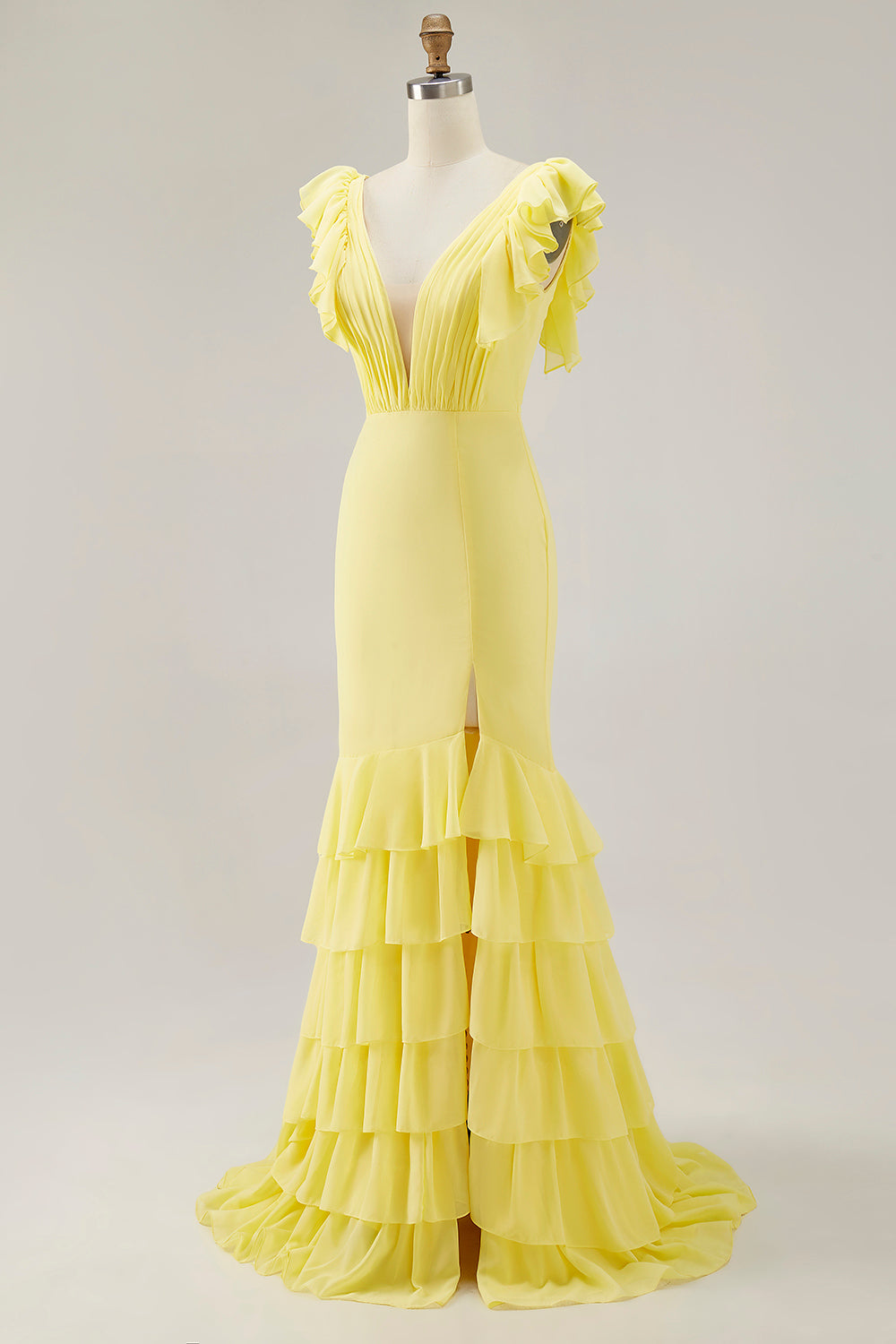 Yellow Prom Dress Chiffon V-Neck Long Mermaid Ruffles Formal Dress With Slit