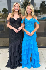 Yellow Prom Dress Cold Shoulder Ruffled Lace Long Formal Dress With Slit