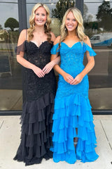 Yellow Prom Dress Cold Shoulder Ruffled Lace Long Formal Dress With Slit