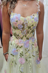 Yellow Prom Dress Floral A-Line Spaghetti Straps Corset Long Formal Dress