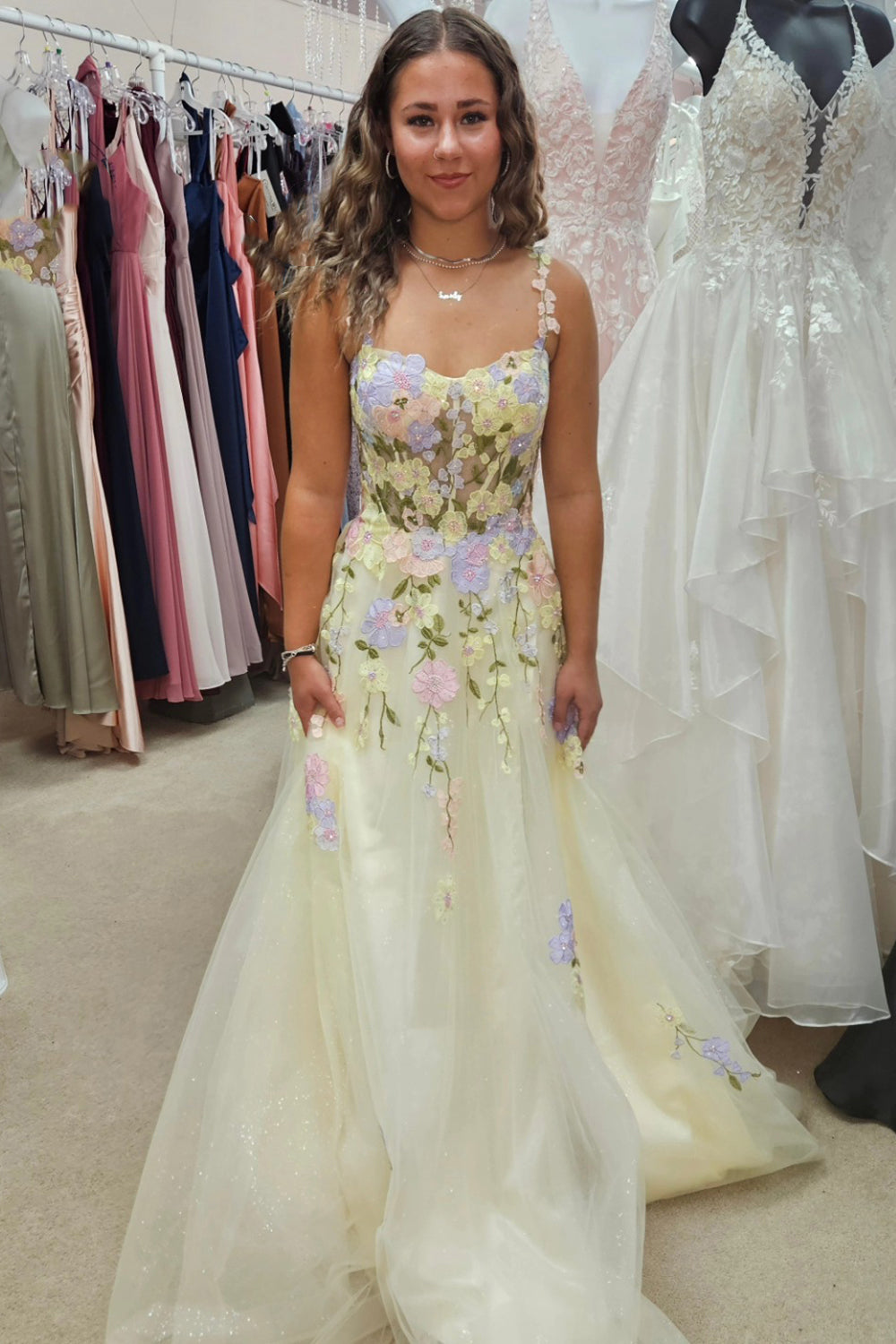 Yellow Prom Dress Floral A-Line Spaghetti Straps Corset Long Formal Dress
