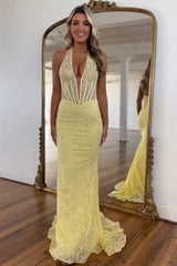 Yellow Prom Dress Lace Mermaid Halter Corset Long Formal Dress