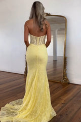 Yellow Prom Dress Lace Mermaid Halter Corset Long Formal Dress
