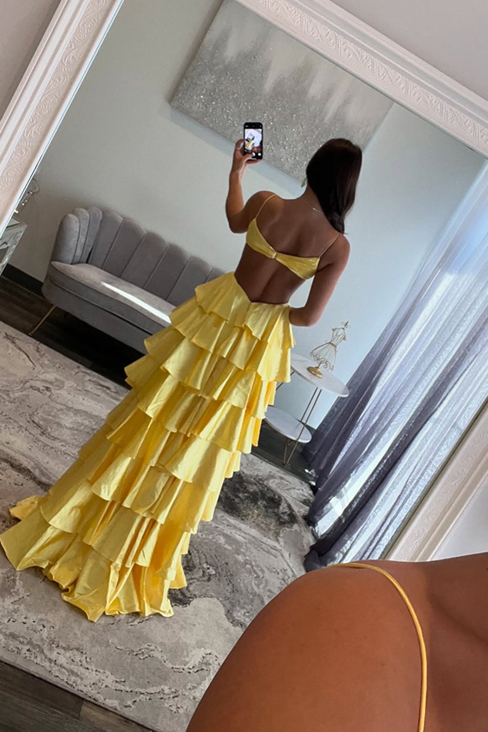 Yellow Prom Dress Ruffled Ruched Satin A Line Long Formal Dress