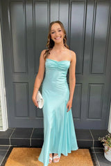 Yellow Satin Spaghetti Straps Long Ruched Prom Dress With Slit Formal Evening Gown