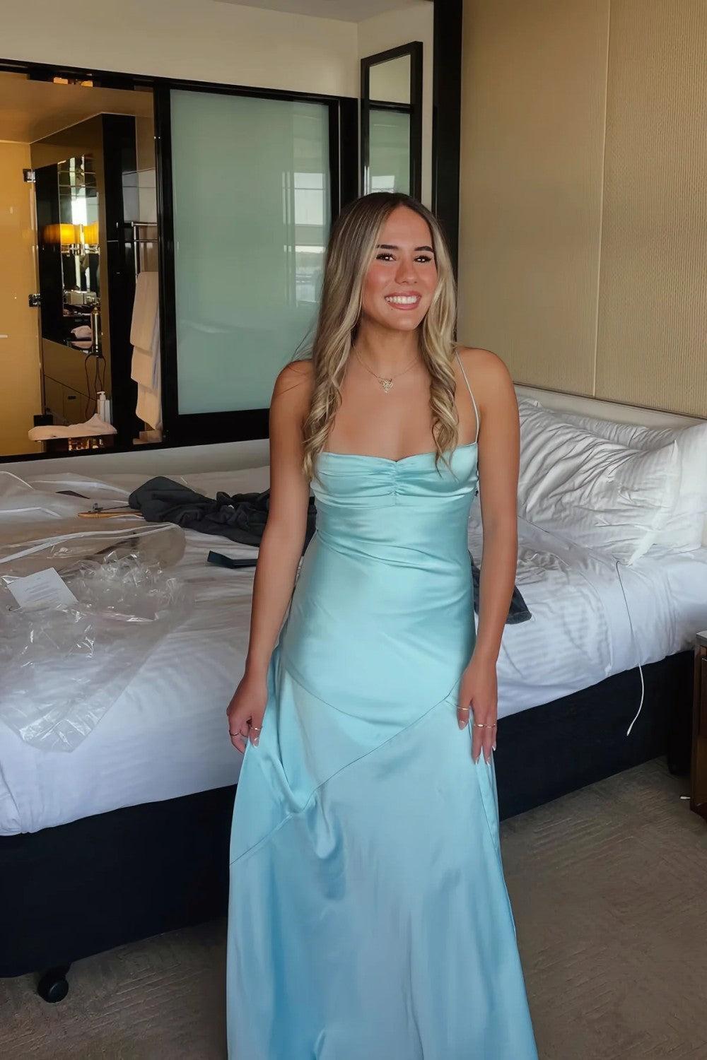 Yellow Satin Spaghetti Straps Long Ruched Prom Dress With Slit Formal Evening Gown
