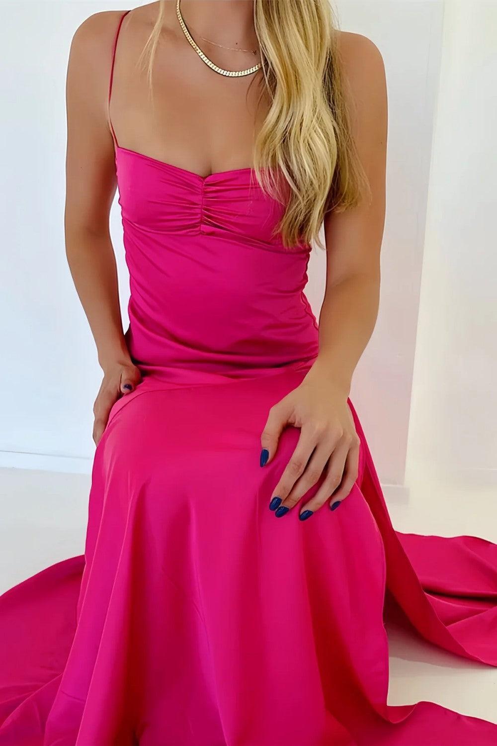 Yellow Satin Spaghetti Straps Long Ruched Prom Dress With Slit Formal Evening Gown