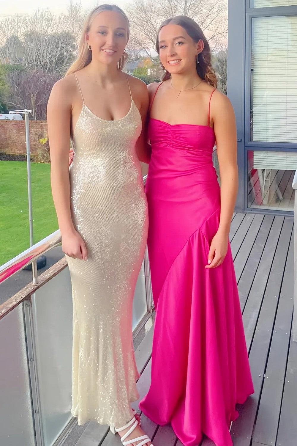 Yellow Satin Spaghetti Straps Long Ruched Prom Dress With Slit Formal Evening Gown