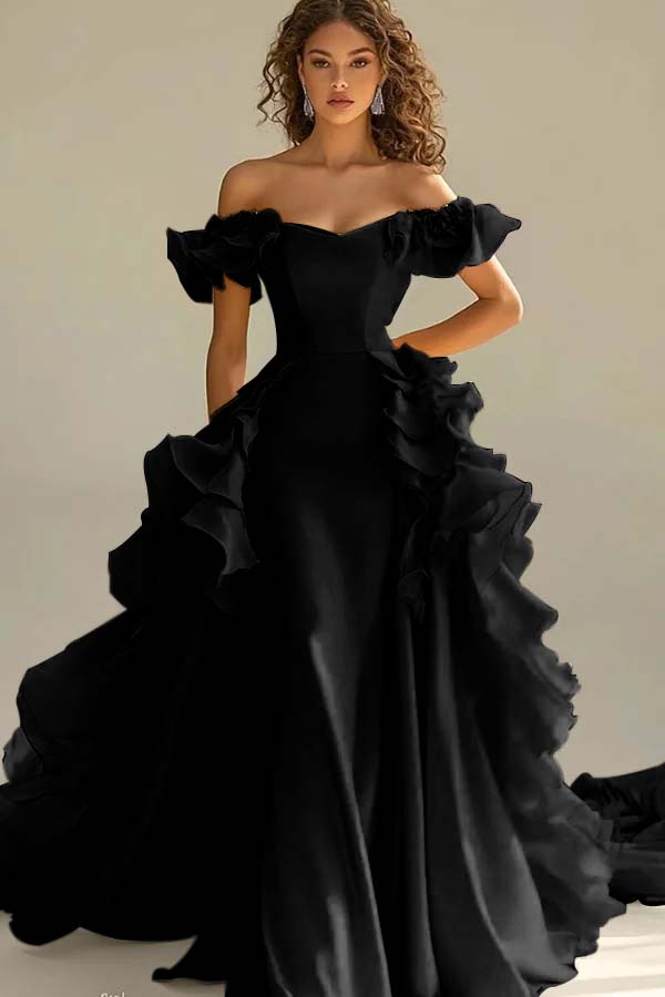 Yellow Sheath/Column Prom Dress Off the Shoulder Ruffled Formal Dress