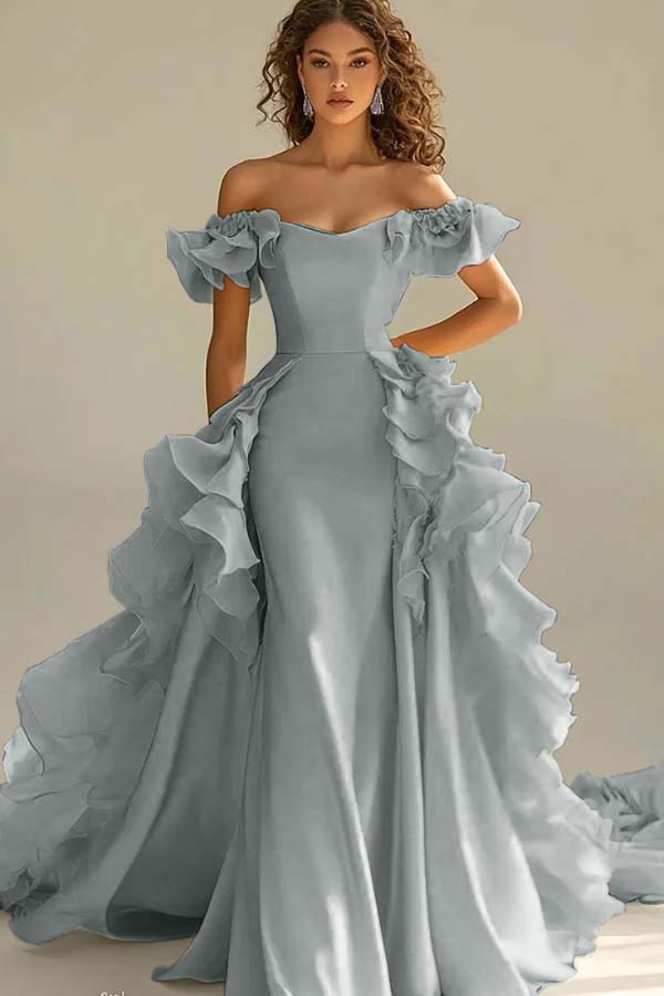 Yellow Sheath/Column Prom Dress Off the Shoulder Ruffled Formal Dress