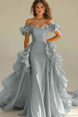 Yellow Sheath/Column Prom Dress Off the Shoulder Ruffled Formal Dress