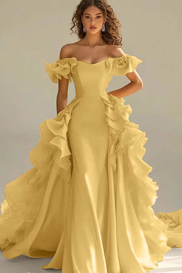 Yellow Sheath/Column Prom Dress Off the Shoulder Ruffled Formal Dress