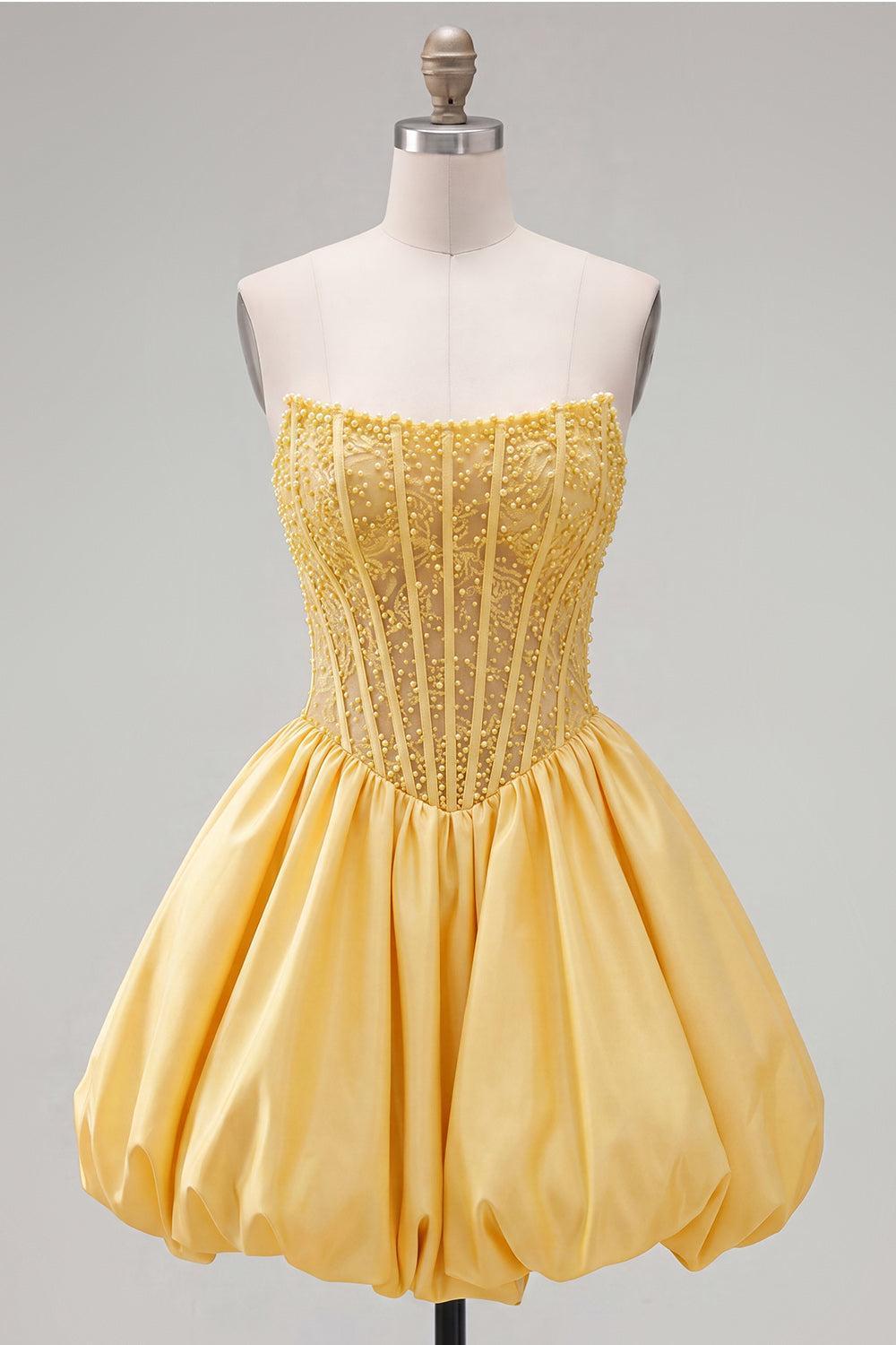 Yellow Strapless A-Line Beaded Short Corset Homecoming Dress