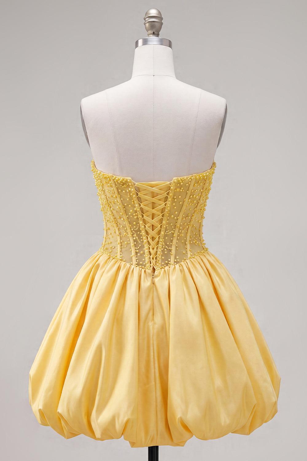 Yellow Strapless A-Line Beaded Short Corset Homecoming Dress