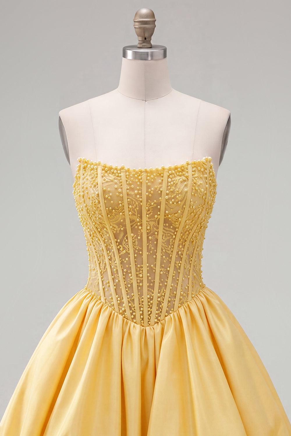 Yellow Strapless A-Line Beaded Short Corset Homecoming Dress