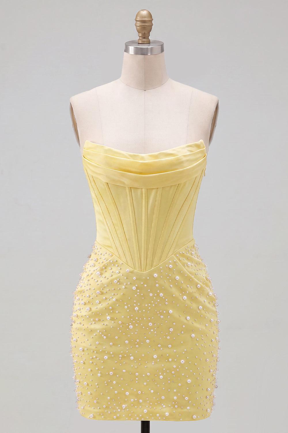 Yellow Strapless Beaded Tight Short Corset Homecoming Dress