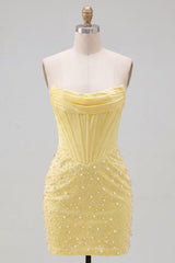 Yellow Strapless Beaded Tight Short Corset Homecoming Dress