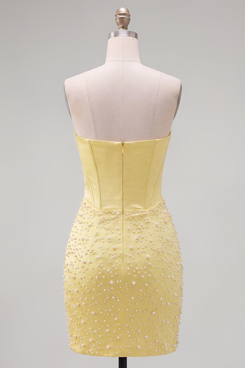 Yellow Strapless Beaded Tight Short Corset Homecoming Dress