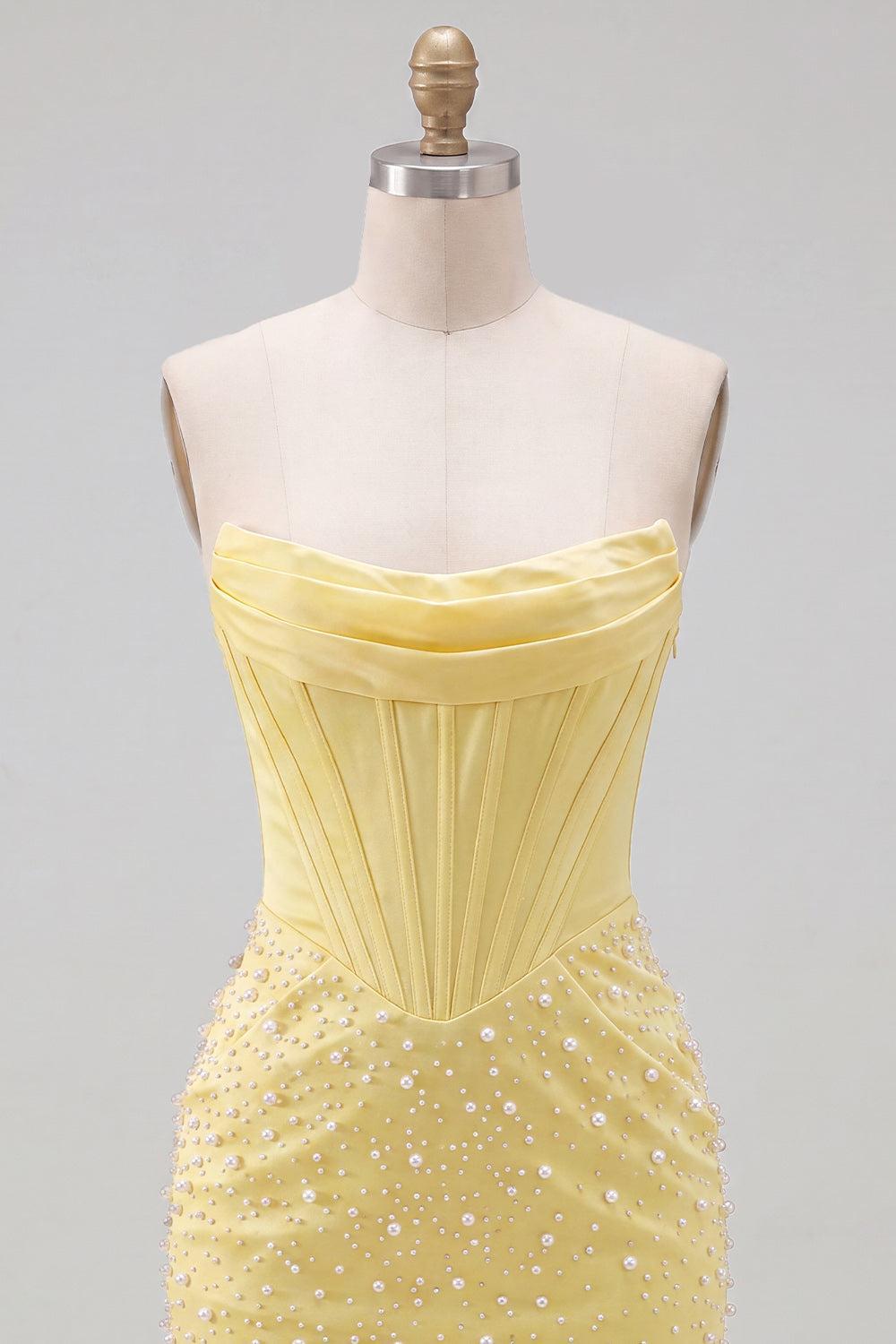 Yellow Strapless Beaded Tight Short Corset Homecoming Dress