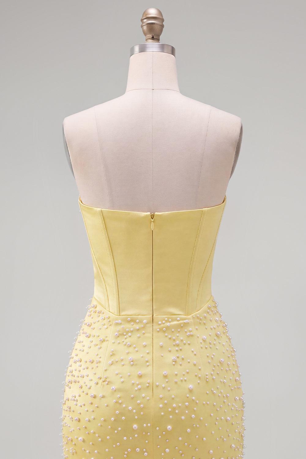 Yellow Strapless Beaded Tight Short Corset Homecoming Dress