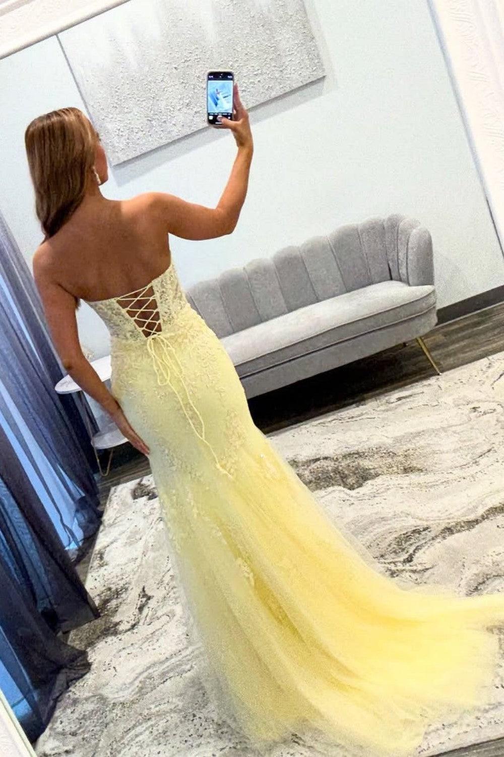 Yellow Sweetheart Lace Up Cutout Prom Dress With Lace Details Formal Evening Gown