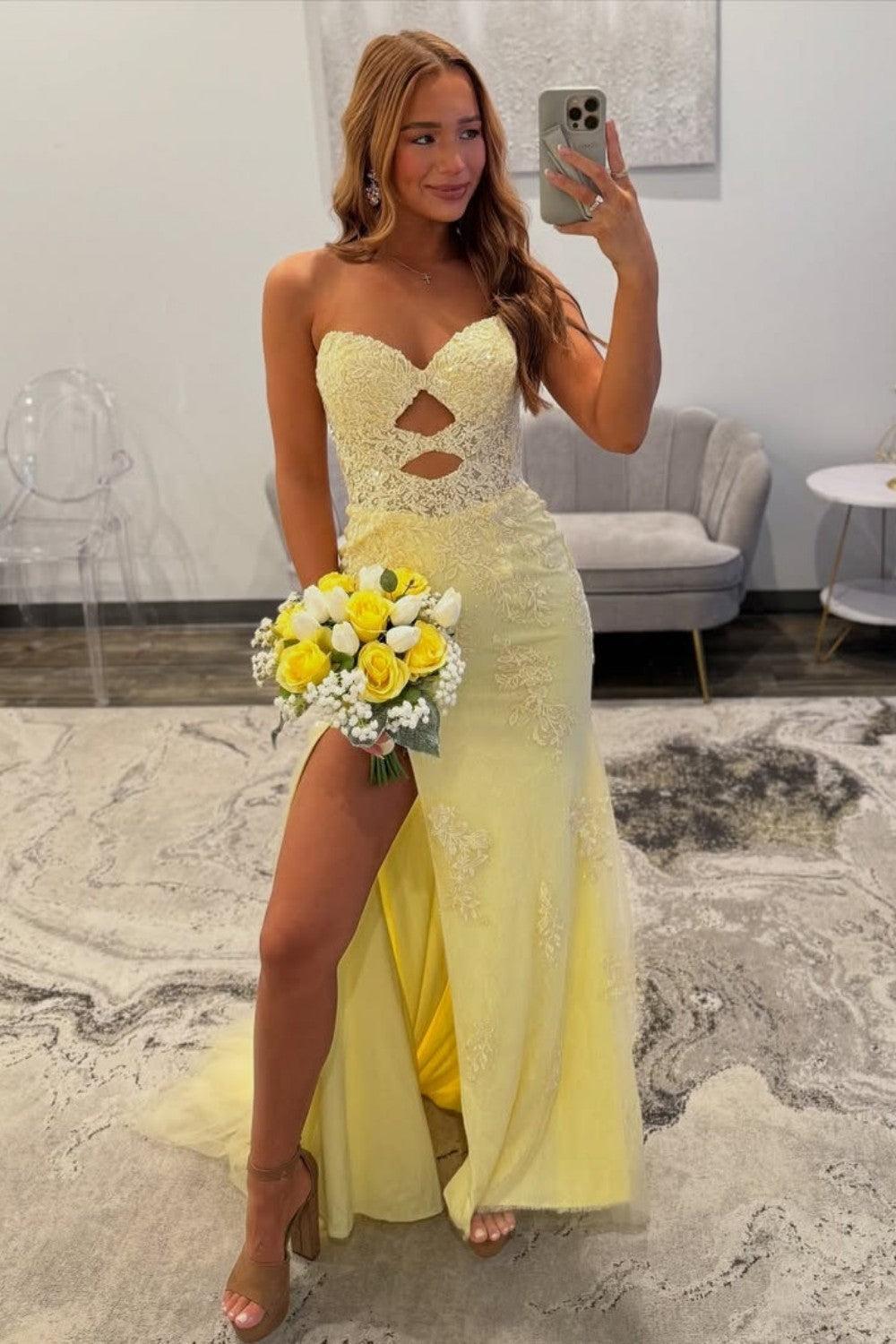 Yellow Sweetheart Lace Up Cutout Prom Dress With Lace Details Formal Evening Gown