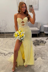 Yellow Sweetheart Lace Up Cutout Prom Dress With Lace Details Formal Evening Gown