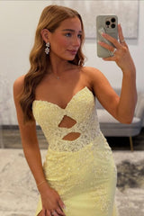 Yellow Sweetheart Lace Up Cutout Prom Dress With Lace Details Formal Evening Gown