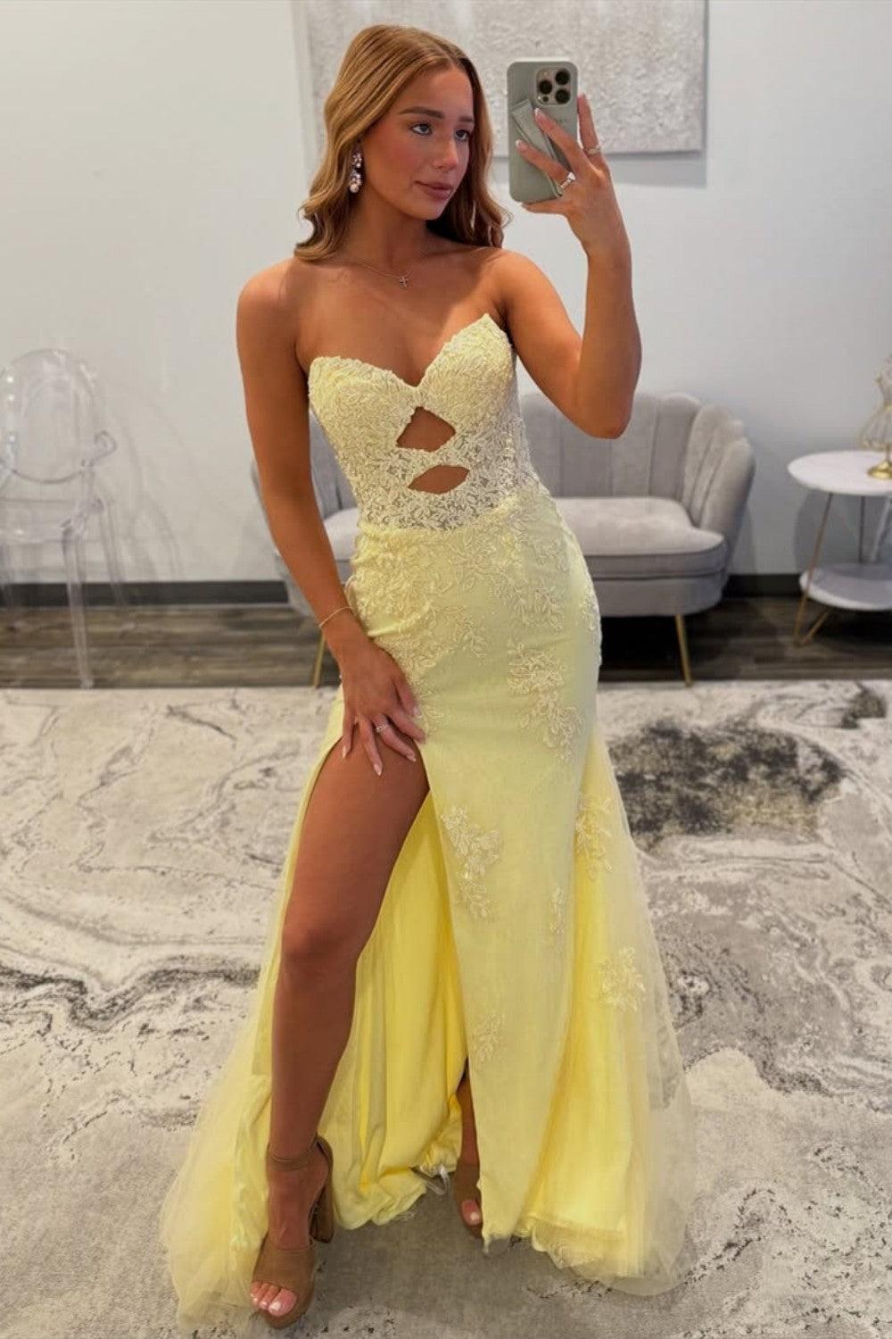 Yellow Sweetheart Lace Up Cutout Prom Dress With Lace Details Formal Evening Gown