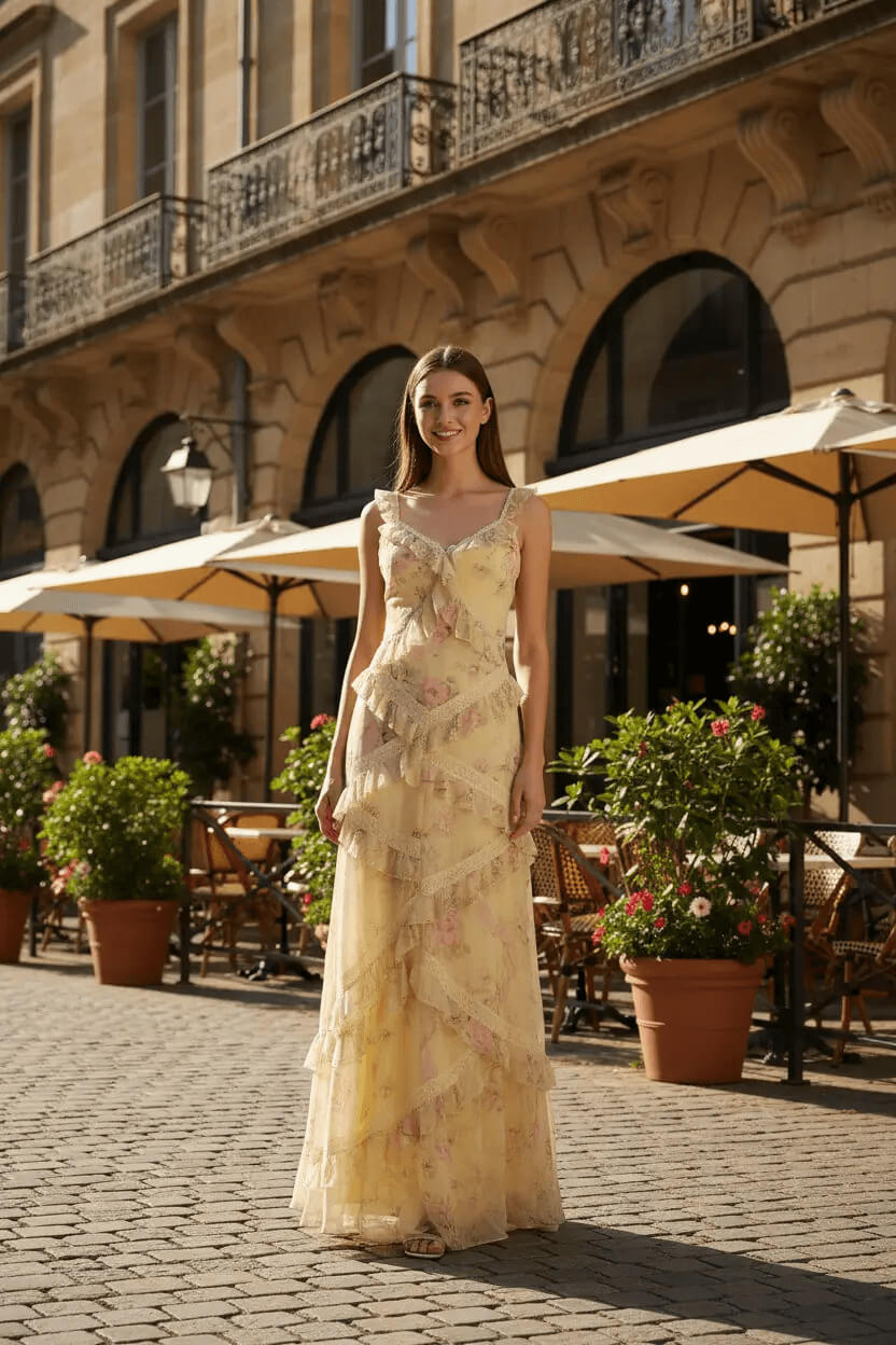 Yellow Floral Printed Prom Dress Sheath/Column Ruffled V Neck Formal Dress