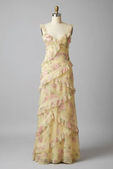 Yellow Floral Printed Prom Dress Sheath/Column Ruffled V Neck Formal Dress