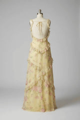 Yellow Floral Printed Prom Dress Sheath/Column Ruffled V Neck Formal Dress