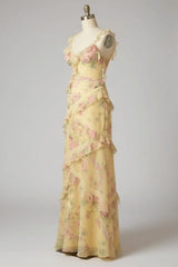 Yellow Floral Printed Prom Dress Sheath/Column Ruffled V Neck Formal Dress