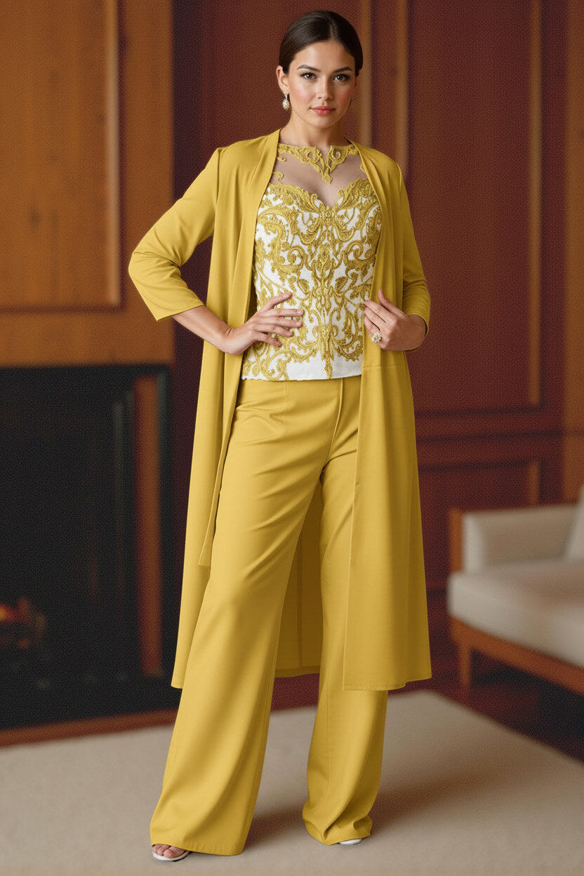Dreamyannie Light Blue Bateau Neck Chiffon 3 Piece Mother Of The Bride Pant Suits With Jacket