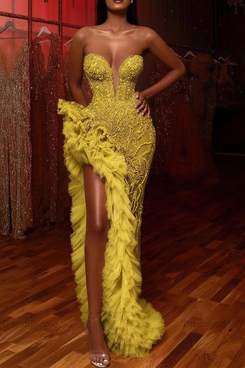 Dreamyannie Mermaid Prom Dress Beading Sleeveless Long Split Evening Dress With Ruffles
