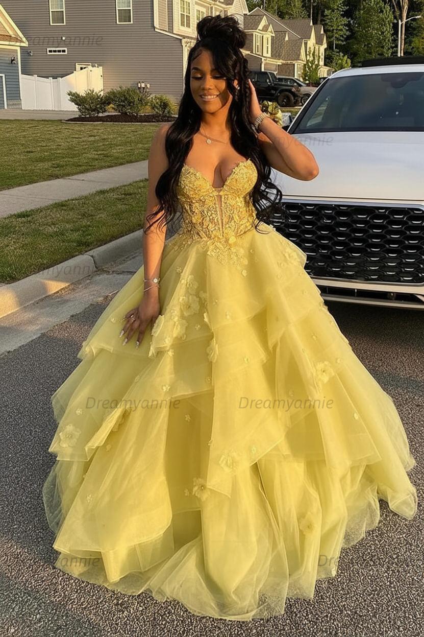 Dreamyannie Sage Prom Dress Floral Tiered Ruffles A-Line Sweetheart Corset Long Formal Dress