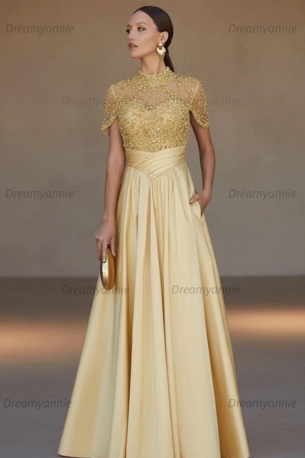 Green A Line Prom Dress Short Sleeve High Neck Beaded Formal Dress