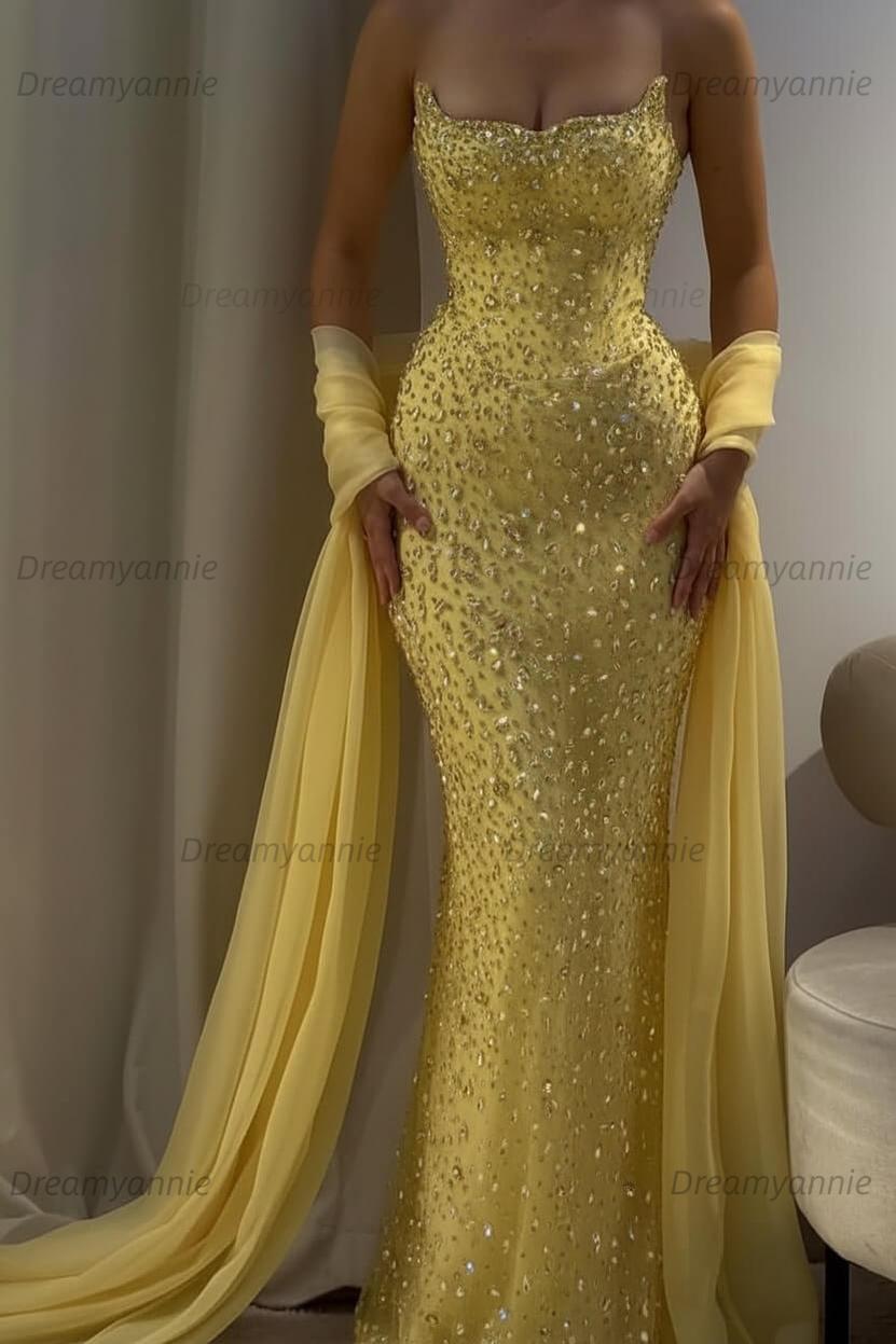 Pink Mermaid Prom Dress Strapless Beaded Formal Dress