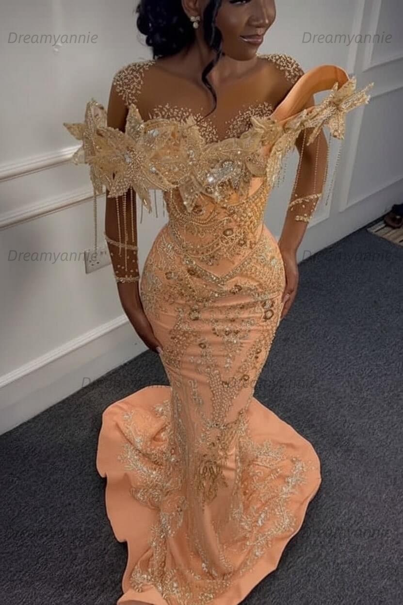 Yellow Mermaid Prom Dress Long Sleeve Beaded Formal Dress with 3D Flowers
