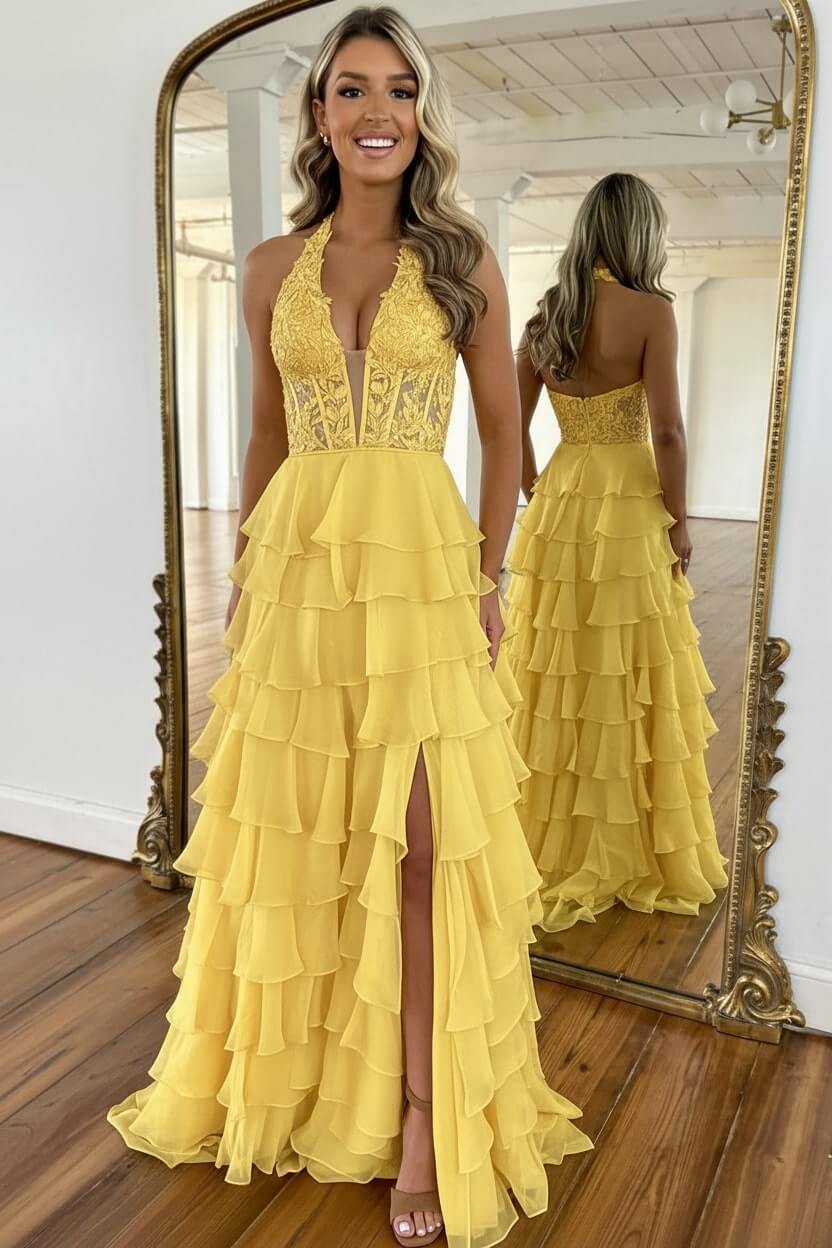 Dreamyannie Sky Blue Prom Dress Ruffled Halter Corset Formal Dress With Slit